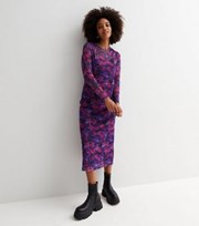 New Look Purple Abstract Floral Mesh Long Sleeve Midi Dress